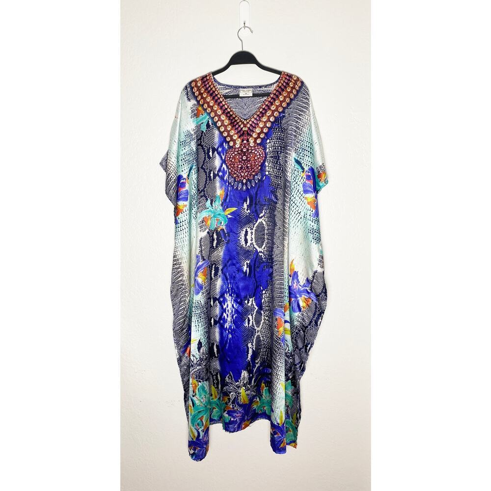 Gold Coast Women's Snake Printed V Neck Kimono Sleeve Kaftan‎ Satiny Resort OS